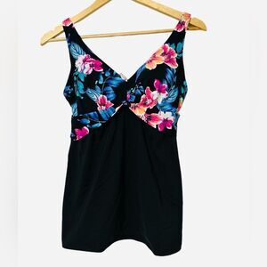 Lands End Swim Bra Tankini Top Black floral Underwire Swimwear Womens 6